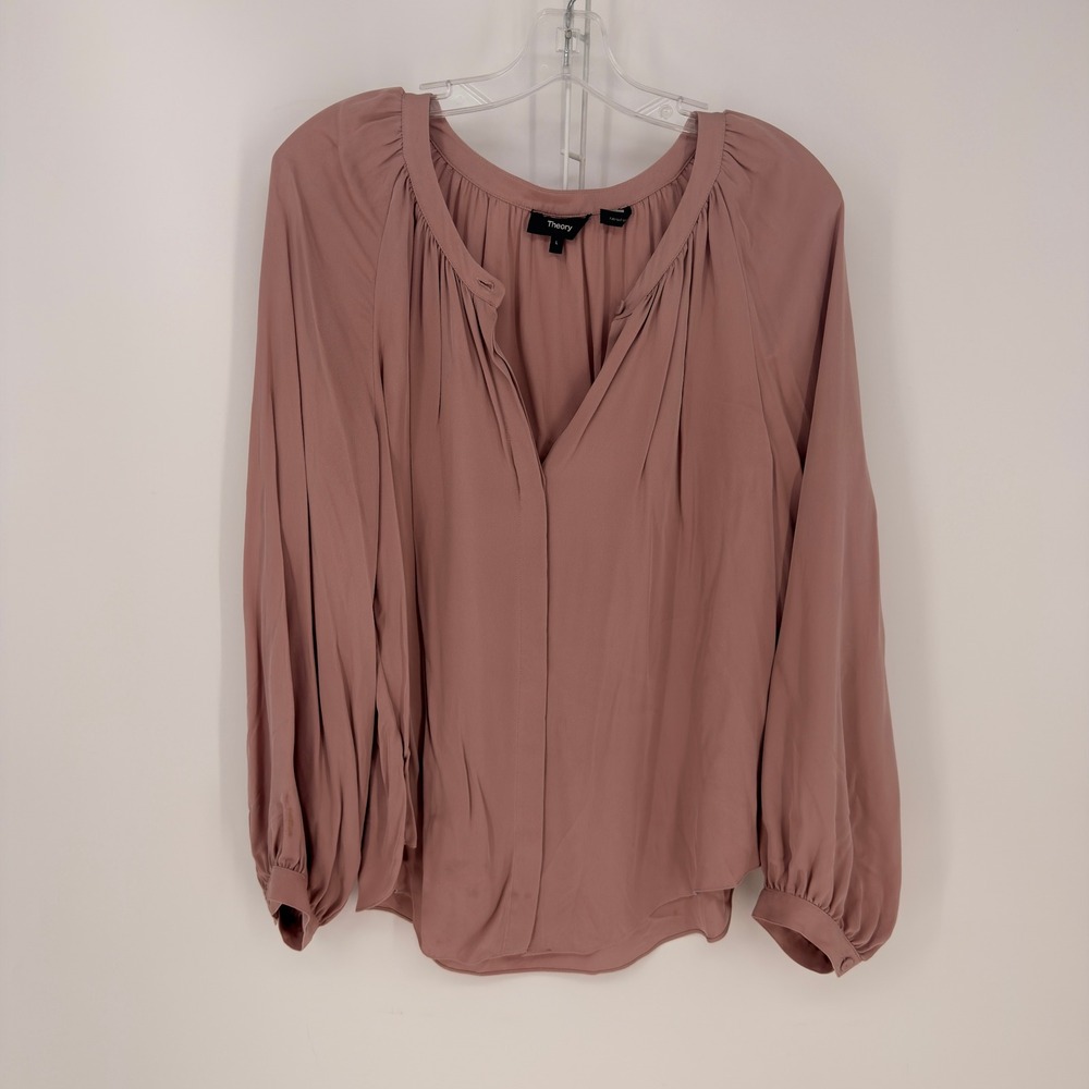 Theory Silk Blouse Womens L Dusty Rose Pleated V-Neck Long Sleeve Minimal Luxury